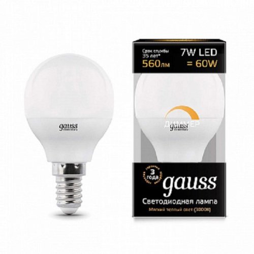 Лампа светодиодная диммируемая Gauss LED Шар-dim E14 7Вт 590lm 3000К картинка 